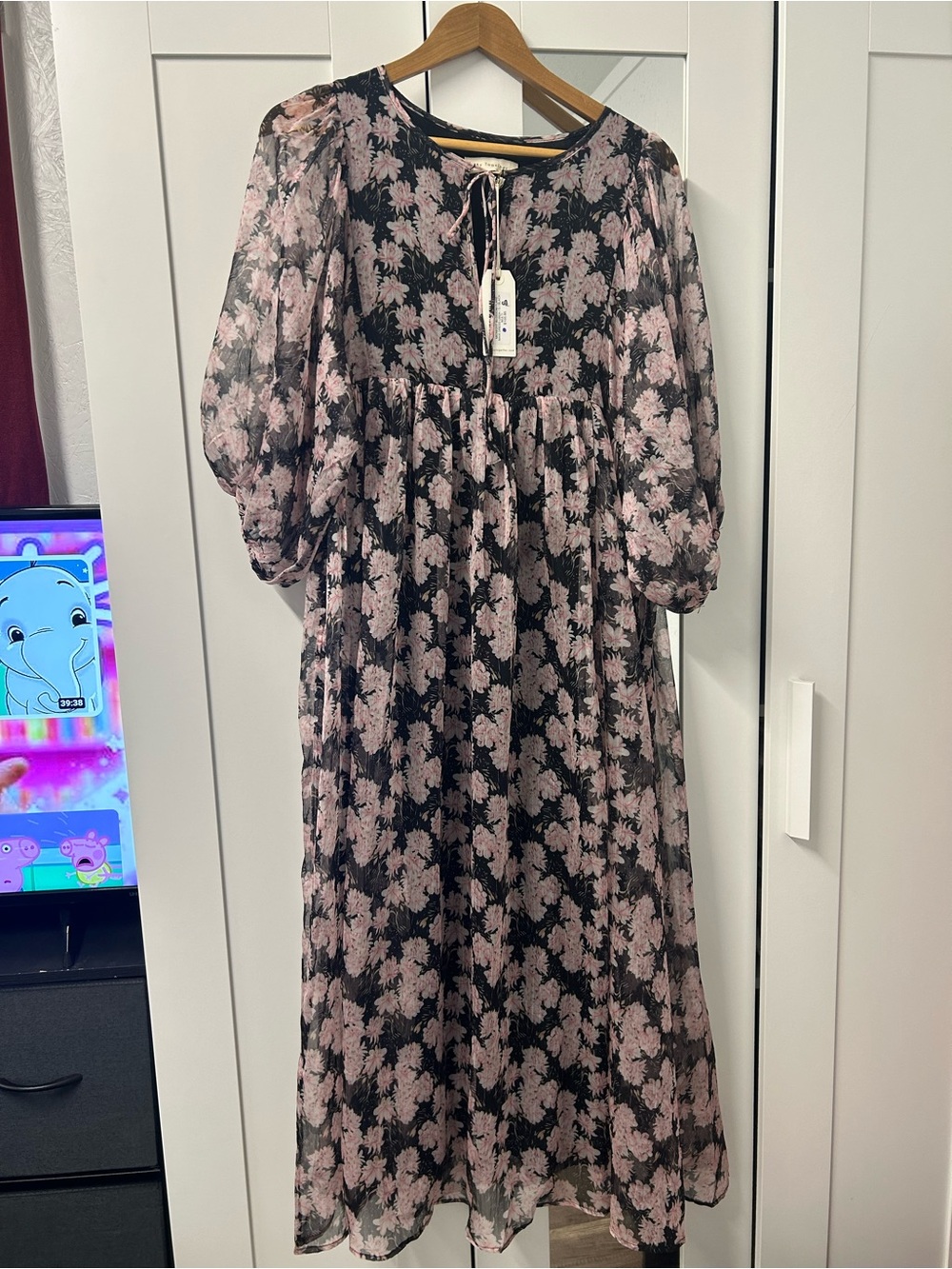 By Together Black Midi Dress with Pink Floral Print